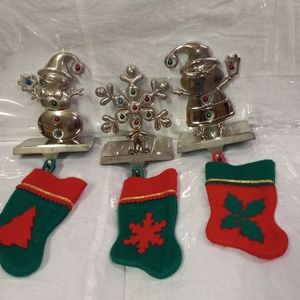 3 Christmas 6" Stocking Hangers W/Dingling Jewels & Small Stockings Silvertone